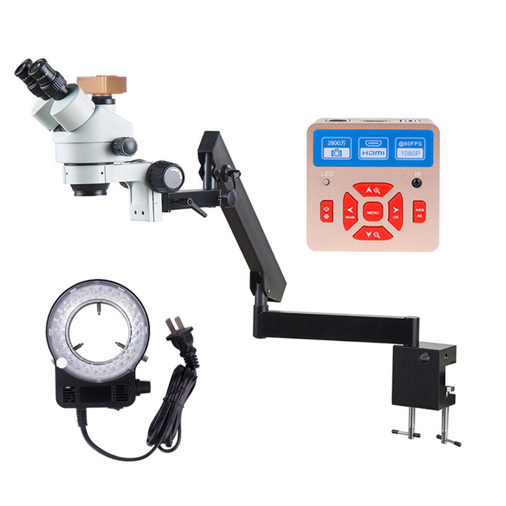 Trinocular Stereo Microscope 7X-45X - Flexible Arm Fixation Clamp Microscope 7X-45X
