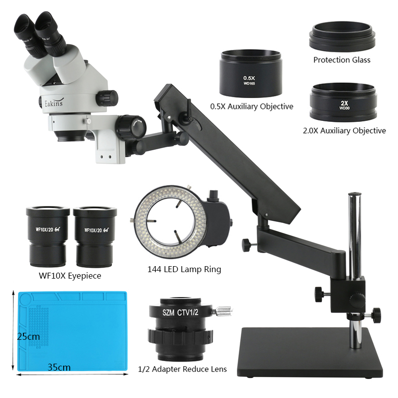 Trinocular Stereo Microscope 7X-45X - Articulating Arm Desktop Base Stand 3.5X-90X